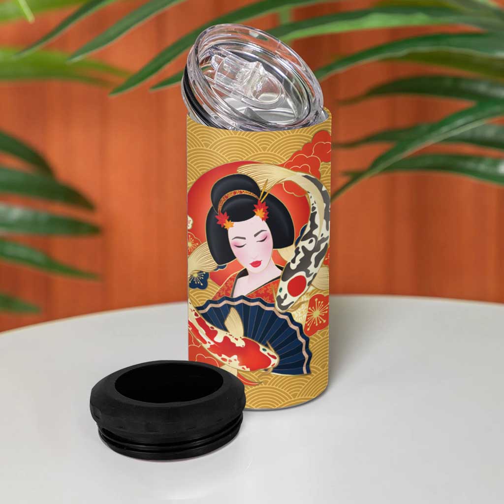 Japanese Geisha Koi Fish 4 in 1 Can Cooler Tumbler Cherry Blossoms Yellow Seigaiha Pattern - Wonder Print Shop