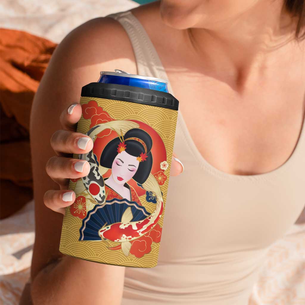 Japanese Geisha Koi Fish 4 in 1 Can Cooler Tumbler Cherry Blossoms Yellow Seigaiha Pattern - Wonder Print Shop