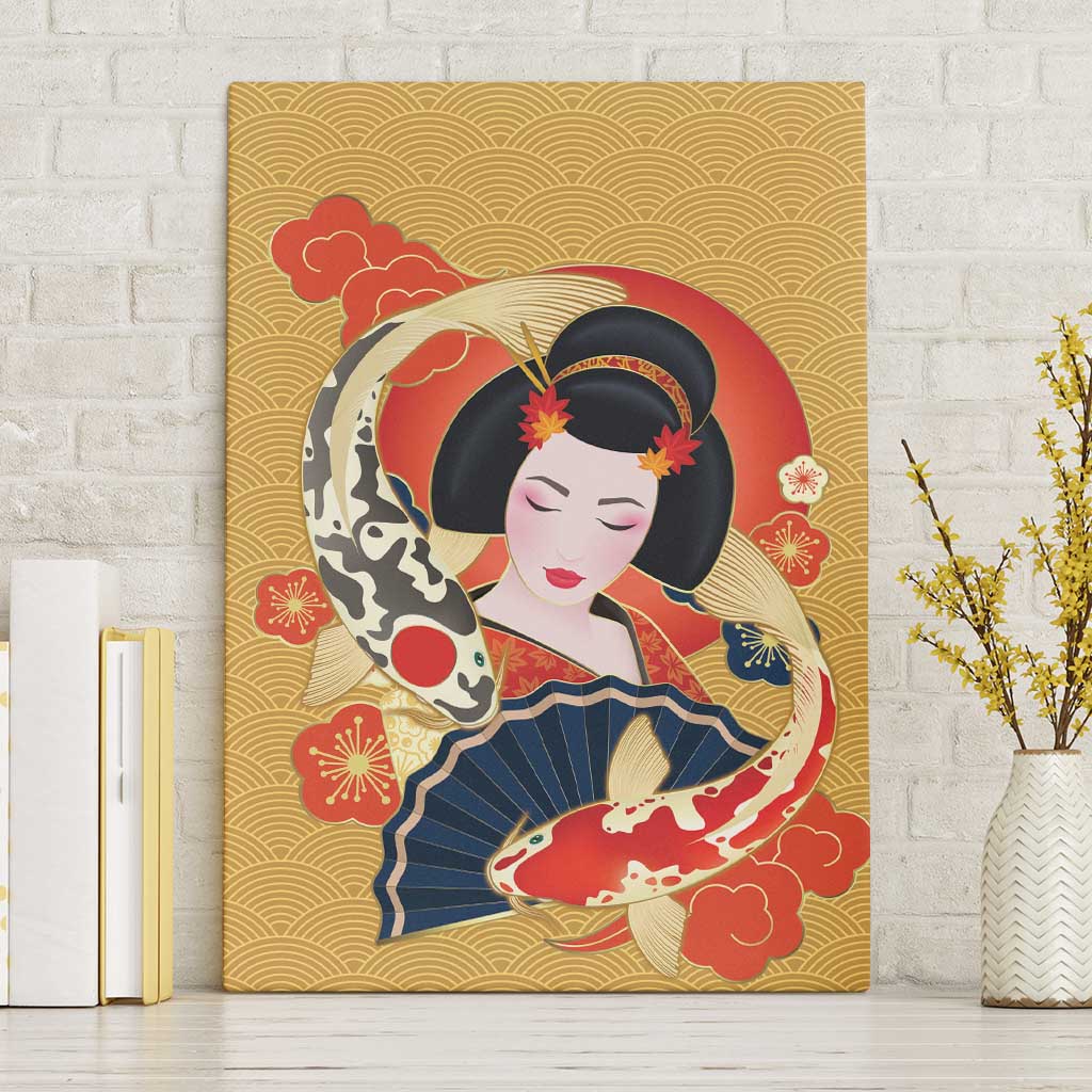 Japanese Geisha Koi Fish Canvas Wall Art Cherry Blossoms Yellow Seigaiha Pattern - Wonder Print Shop