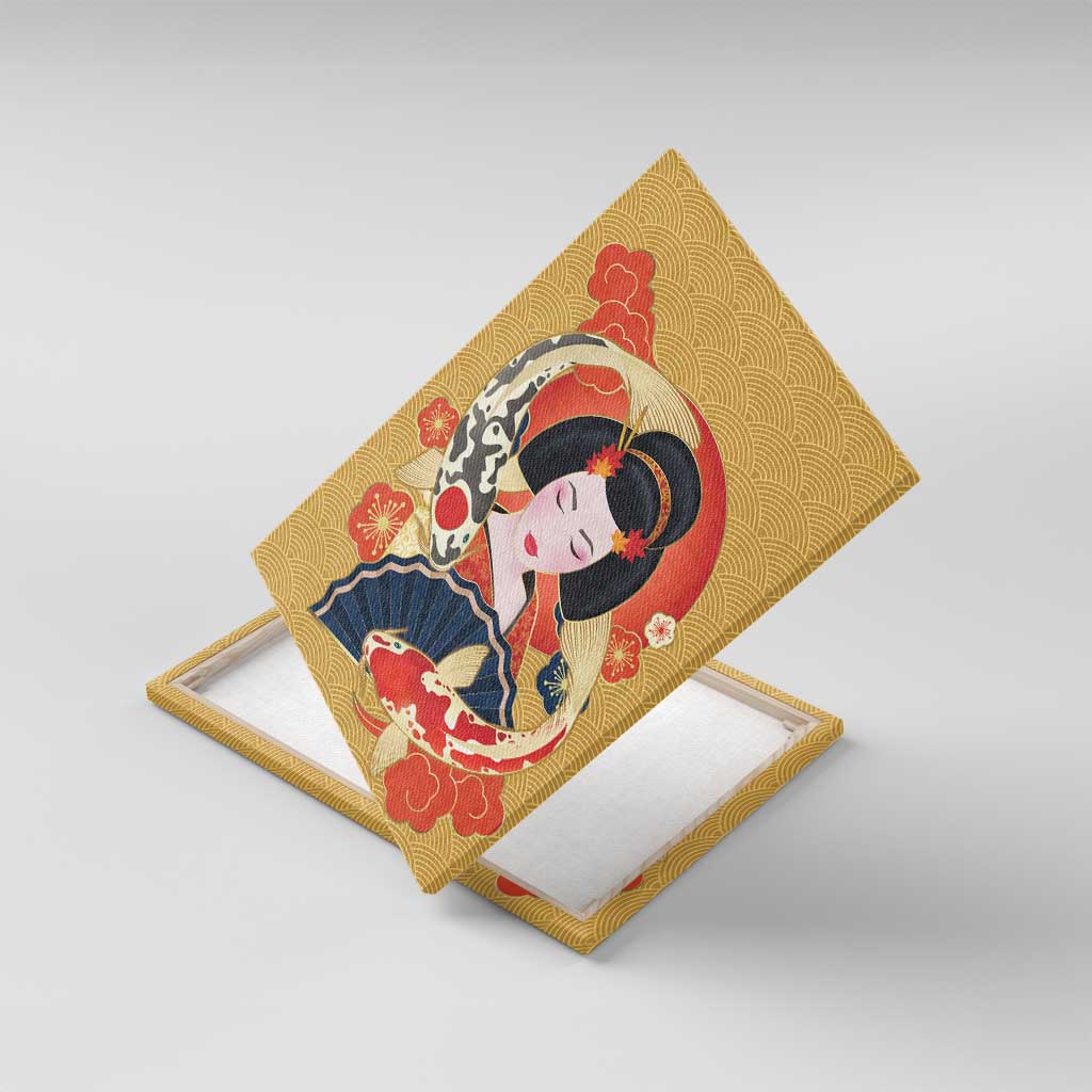 Japanese Geisha Koi Fish Canvas Wall Art Cherry Blossoms Yellow Seigaiha Pattern - Wonder Print Shop