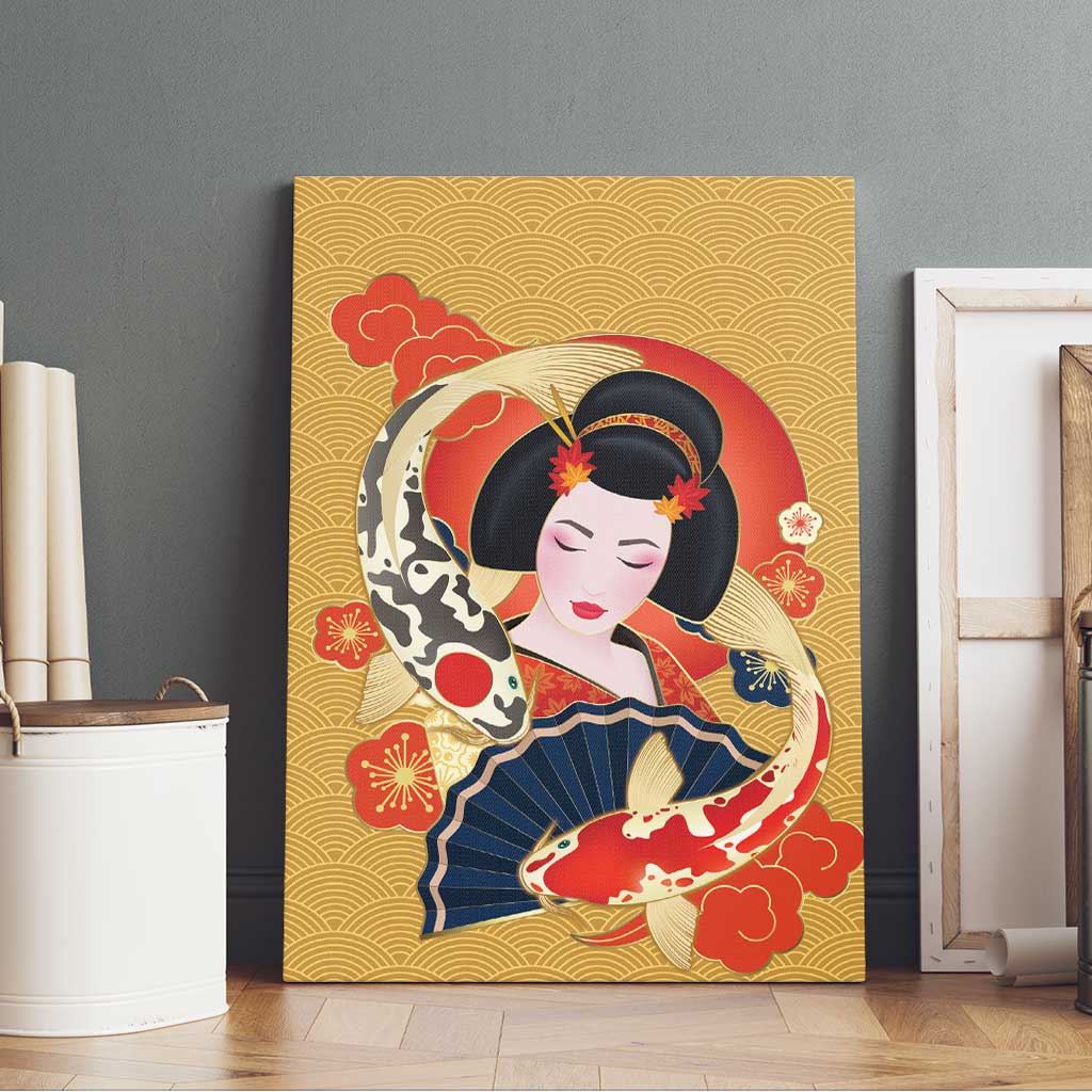 Japanese Geisha Koi Fish Canvas Wall Art Cherry Blossoms Yellow Seigaiha Pattern - Wonder Print Shop