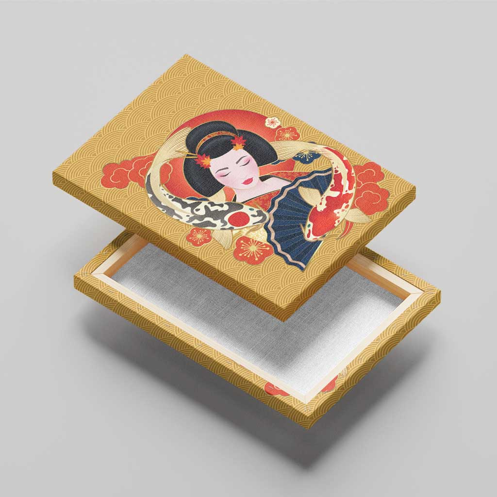 Japanese Geisha Koi Fish Canvas Wall Art Cherry Blossoms Yellow Seigaiha Pattern - Wonder Print Shop