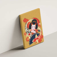 Japanese Geisha Koi Fish Canvas Wall Art Cherry Blossoms Yellow Seigaiha Pattern - Wonder Print Shop