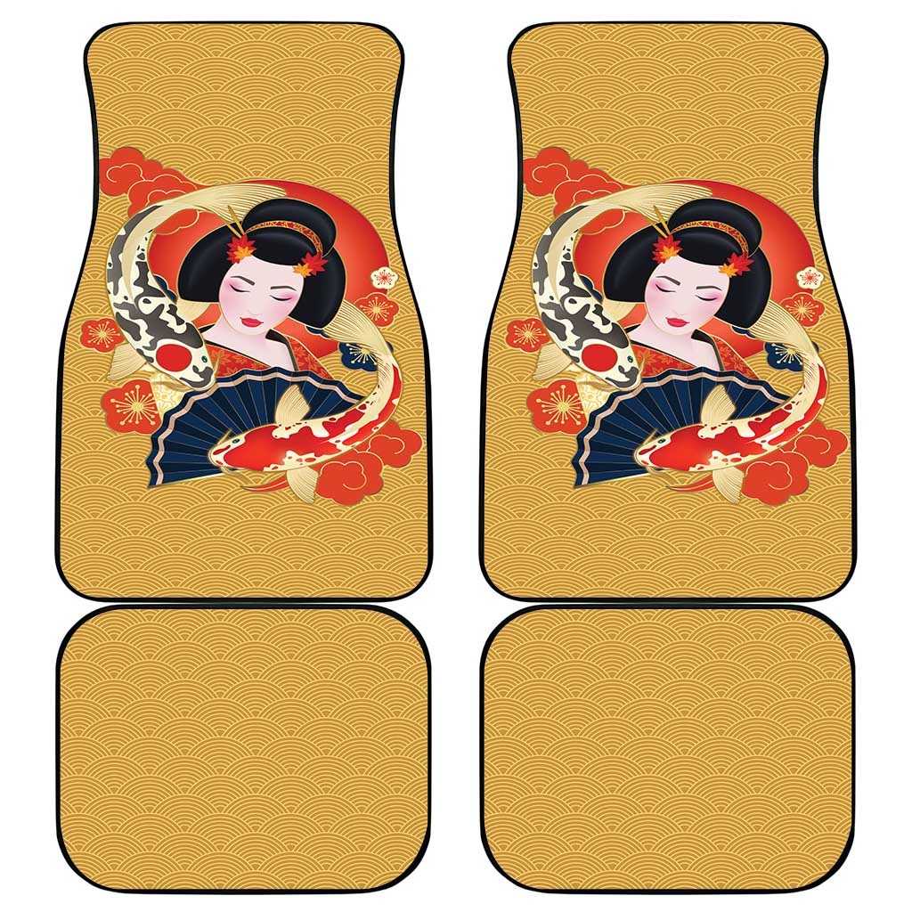 Japanese Geisha Koi Fish Car Mats Cherry Blossoms Yellow Seigaiha Pattern - Wonder Print Shop