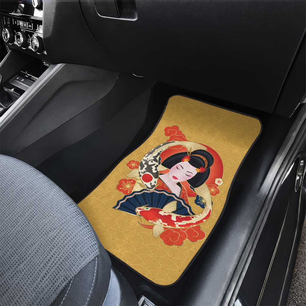 Japanese Geisha Koi Fish Car Mats Cherry Blossoms Yellow Seigaiha Pattern - Wonder Print Shop