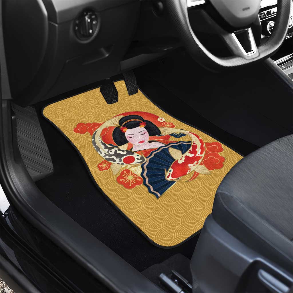 Japanese Geisha Koi Fish Car Mats Cherry Blossoms Yellow Seigaiha Pattern - Wonder Print Shop