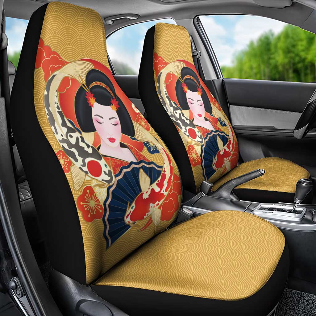 Japanese Geisha Koi Fish Car Seat Cover Cherry Blossoms Yellow Seigaiha Pattern - Wonder Print Shop