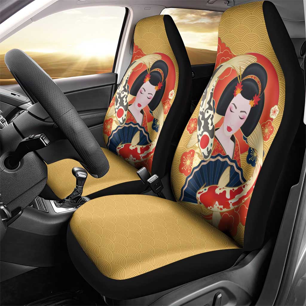 Japanese Geisha Koi Fish Car Seat Cover Cherry Blossoms Yellow Seigaiha Pattern - Wonder Print Shop