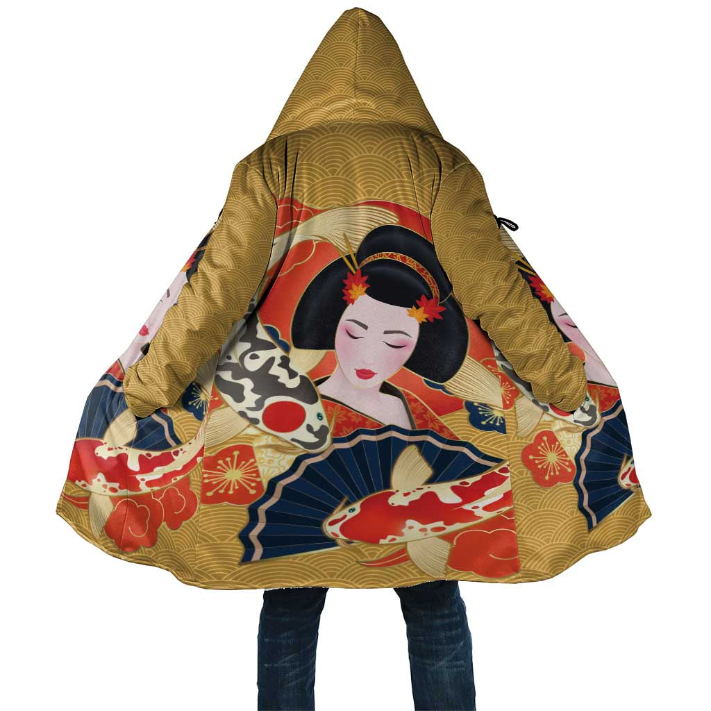 Japanese Geisha Koi Fish Cloak Cherry Blossoms Yellow Seigaiha Pattern - Wonder Print Shop