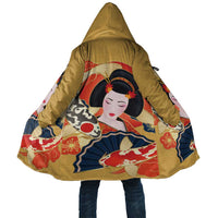 Japanese Geisha Koi Fish Cloak Cherry Blossoms Yellow Seigaiha Pattern - Wonder Print Shop