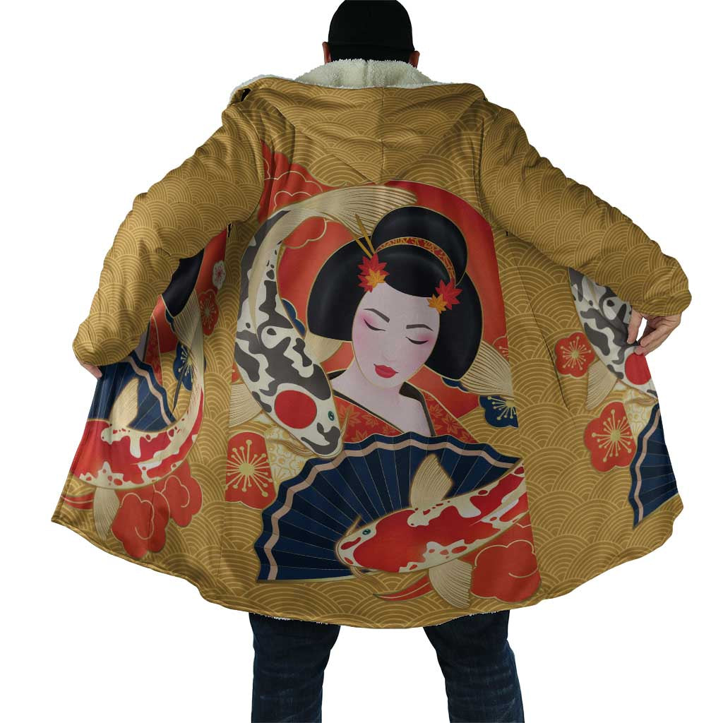 Japanese Geisha Koi Fish Cloak Cherry Blossoms Yellow Seigaiha Pattern - Wonder Print Shop