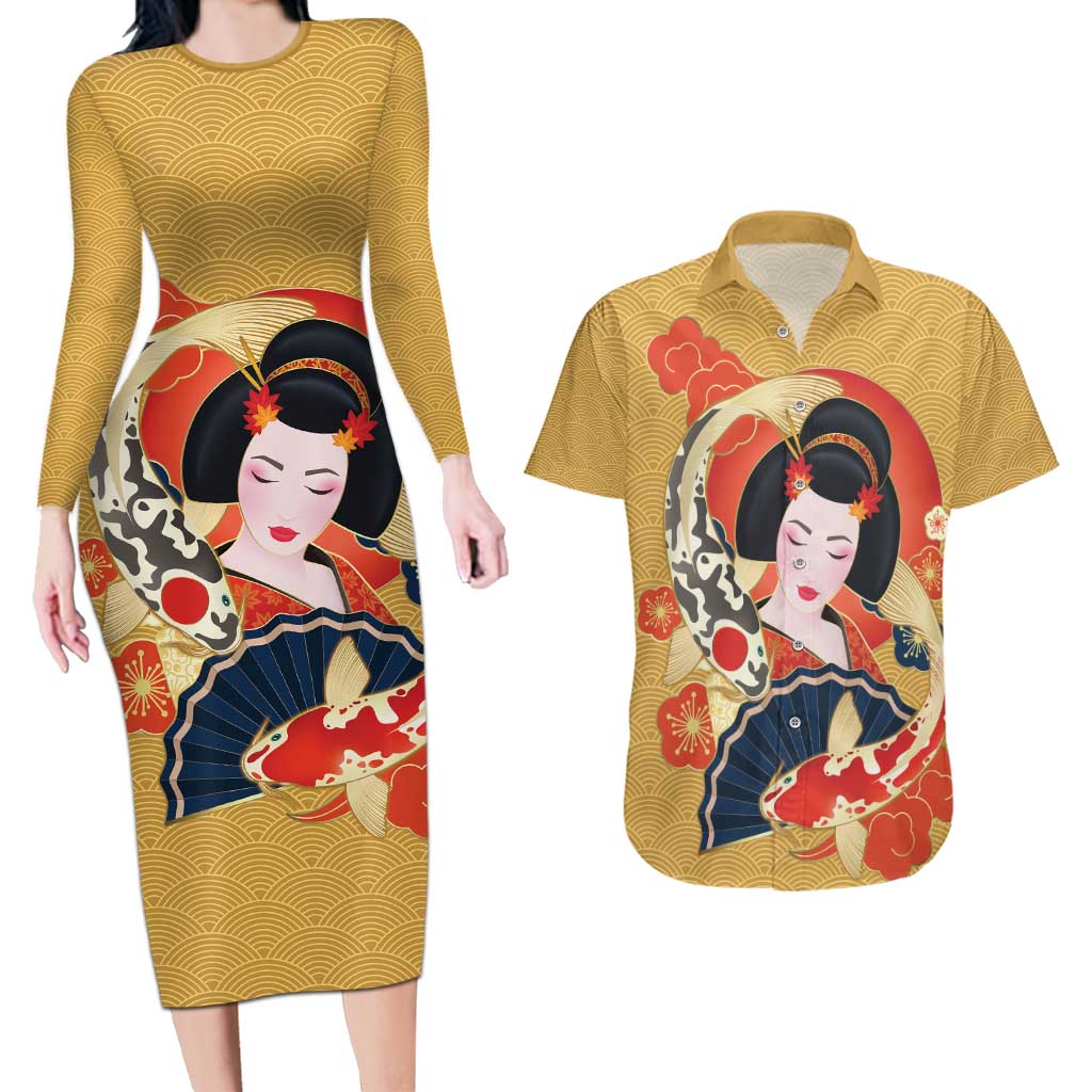 Japanese Geisha Koi Fish Couples Matching Long Sleeve Bodycon Dress and Hawaiian Shirt Cherry Blossoms Yellow Seigaiha Pattern - Wonder Print Shop