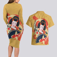 Japanese Geisha Koi Fish Couples Matching Long Sleeve Bodycon Dress and Hawaiian Shirt Cherry Blossoms Yellow Seigaiha Pattern - Wonder Print Shop