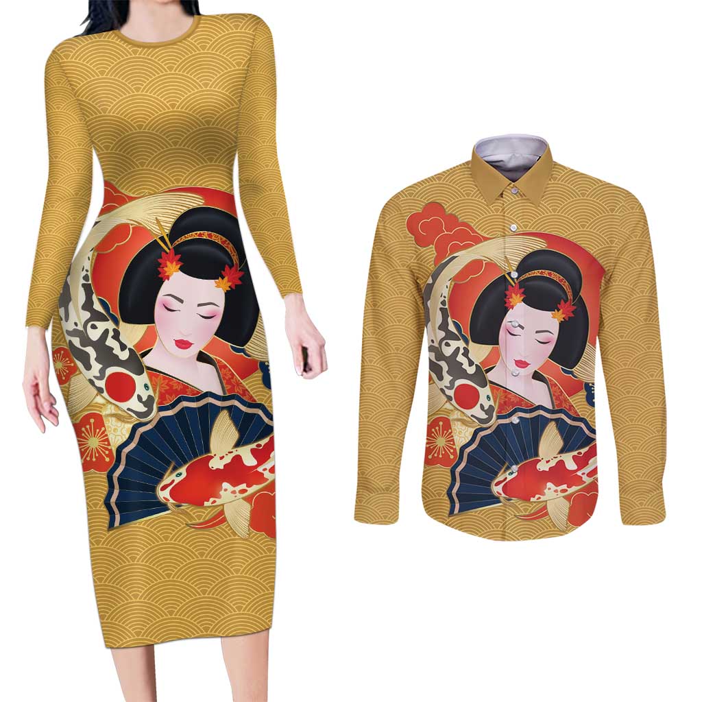 Japanese Geisha Koi Fish Couples Matching Long Sleeve Bodycon Dress and Long Sleeve Button Shirt Cherry Blossoms Yellow Seigaiha Pattern - Wonder Print Shop