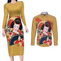 Japanese Geisha Koi Fish Couples Matching Long Sleeve Bodycon Dress and Long Sleeve Button Shirt Cherry Blossoms Yellow Seigaiha Pattern - Wonder Print Shop
