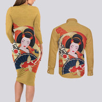 Japanese Geisha Koi Fish Couples Matching Long Sleeve Bodycon Dress and Long Sleeve Button Shirt Cherry Blossoms Yellow Seigaiha Pattern - Wonder Print Shop