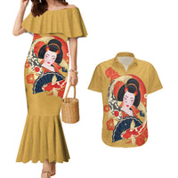 Japanese Geisha Koi Fish Couples Matching Mermaid Dress and Hawaiian Shirt Cherry Blossoms Yellow Seigaiha Pattern - Wonder Print Shop