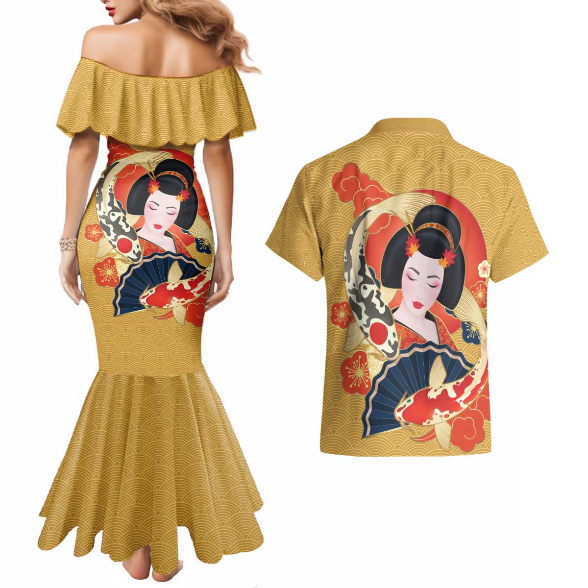 Japanese Geisha Koi Fish Couples Matching Mermaid Dress and Hawaiian Shirt Cherry Blossoms Yellow Seigaiha Pattern - Wonder Print Shop