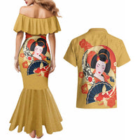Japanese Geisha Koi Fish Couples Matching Mermaid Dress and Hawaiian Shirt Cherry Blossoms Yellow Seigaiha Pattern - Wonder Print Shop