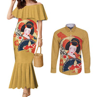 Japanese Geisha Koi Fish Couples Matching Mermaid Dress and Long Sleeve Button Shirt Cherry Blossoms Yellow Seigaiha Pattern - Wonder Print Shop