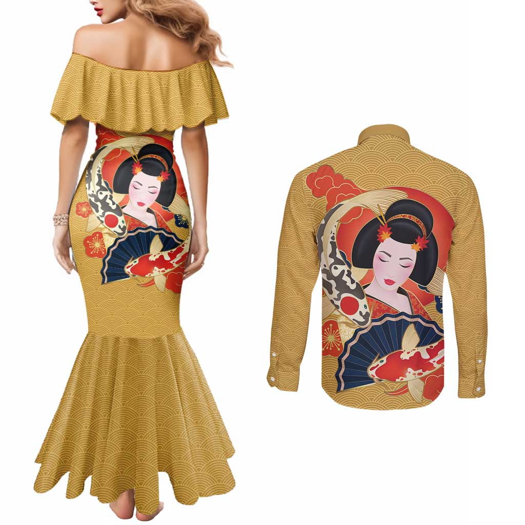 Japanese Geisha Koi Fish Couples Matching Mermaid Dress and Long Sleeve Button Shirt Cherry Blossoms Yellow Seigaiha Pattern - Wonder Print Shop