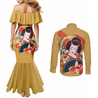 Japanese Geisha Koi Fish Couples Matching Mermaid Dress and Long Sleeve Button Shirt Cherry Blossoms Yellow Seigaiha Pattern - Wonder Print Shop
