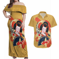 Japanese Geisha Koi Fish Couples Matching Off Shoulder Maxi Dress and Hawaiian Shirt Cherry Blossoms Yellow Seigaiha Pattern - Wonder Print Shop