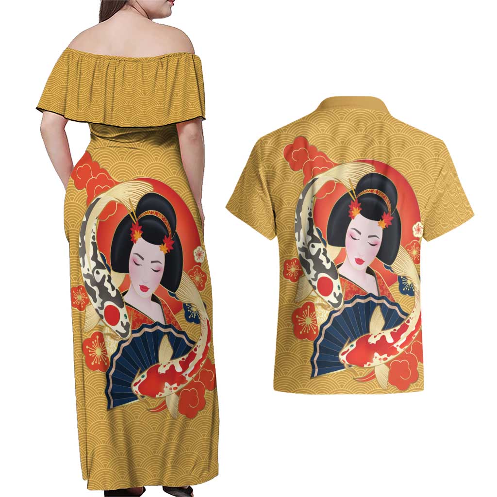 Japanese Geisha Koi Fish Couples Matching Off Shoulder Maxi Dress and Hawaiian Shirt Cherry Blossoms Yellow Seigaiha Pattern - Wonder Print Shop