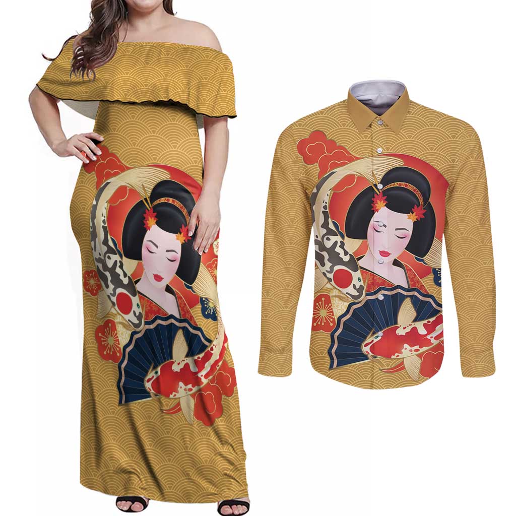 Japanese Geisha Koi Fish Couples Matching Off Shoulder Maxi Dress and Long Sleeve Button Shirt Cherry Blossoms Yellow Seigaiha Pattern - Wonder Print Shop