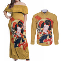 Japanese Geisha Koi Fish Couples Matching Off Shoulder Maxi Dress and Long Sleeve Button Shirt Cherry Blossoms Yellow Seigaiha Pattern - Wonder Print Shop