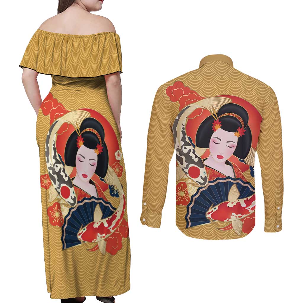 Japanese Geisha Koi Fish Couples Matching Off Shoulder Maxi Dress and Long Sleeve Button Shirt Cherry Blossoms Yellow Seigaiha Pattern - Wonder Print Shop