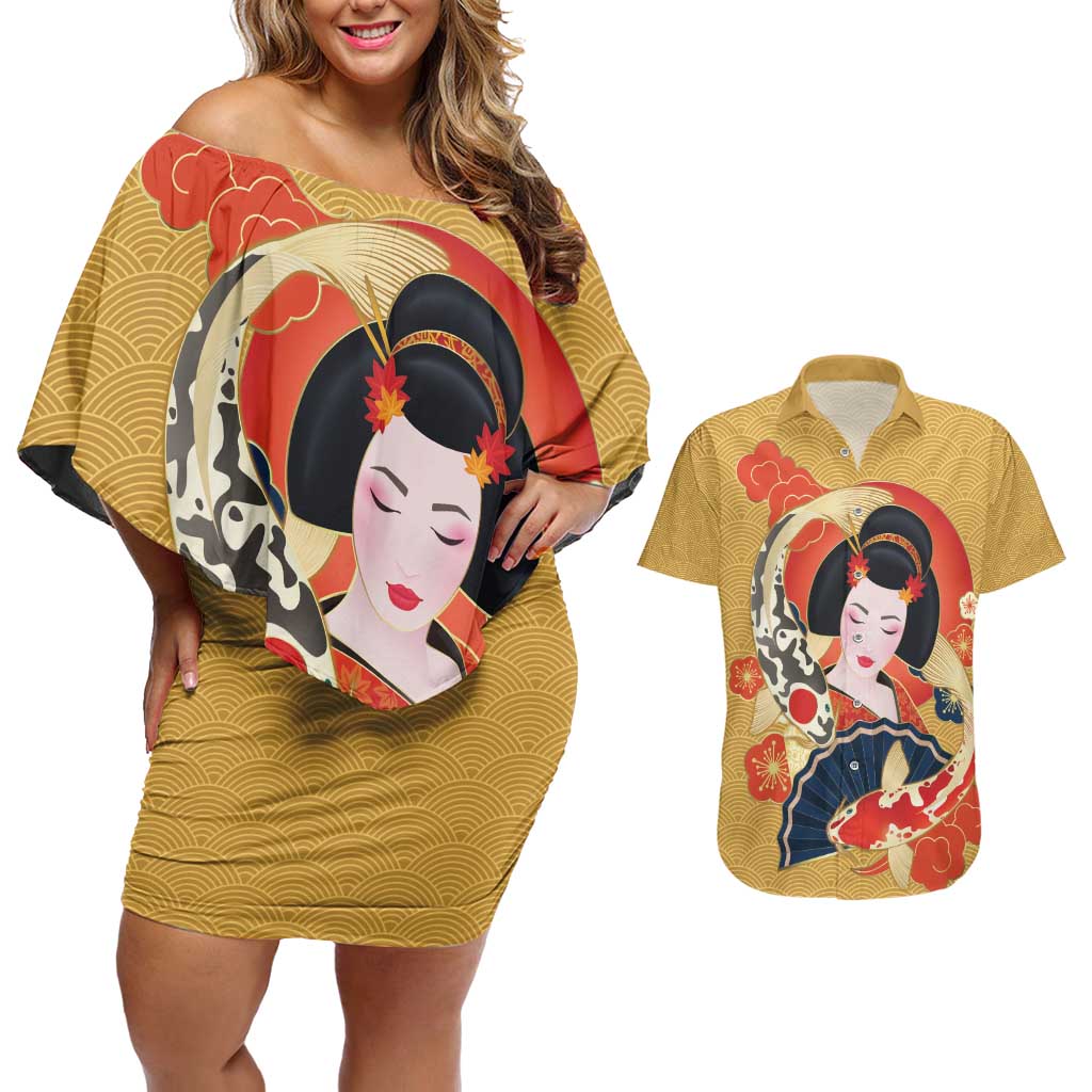 Japanese Geisha Koi Fish Couples Matching Off Shoulder Short Dress and Hawaiian Shirt Cherry Blossoms Yellow Seigaiha Pattern - Wonder Print Shop