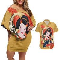 Japanese Geisha Koi Fish Couples Matching Off Shoulder Short Dress and Hawaiian Shirt Cherry Blossoms Yellow Seigaiha Pattern - Wonder Print Shop