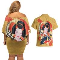 Japanese Geisha Koi Fish Couples Matching Off Shoulder Short Dress and Hawaiian Shirt Cherry Blossoms Yellow Seigaiha Pattern - Wonder Print Shop