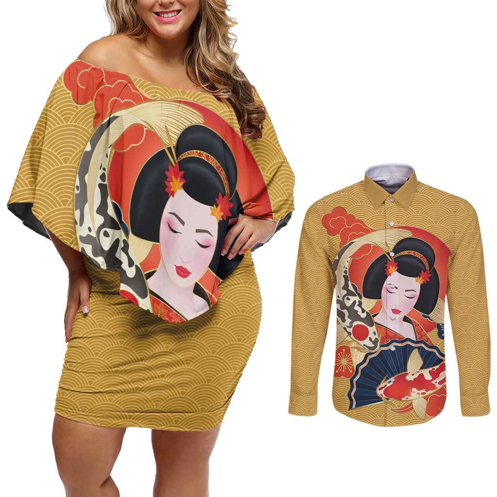 Japanese Geisha Koi Fish Couples Matching Off Shoulder Short Dress and Long Sleeve Button Shirt Cherry Blossoms Yellow Seigaiha Pattern - Wonder Print Shop
