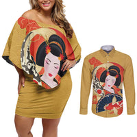 Japanese Geisha Koi Fish Couples Matching Off Shoulder Short Dress and Long Sleeve Button Shirt Cherry Blossoms Yellow Seigaiha Pattern - Wonder Print Shop