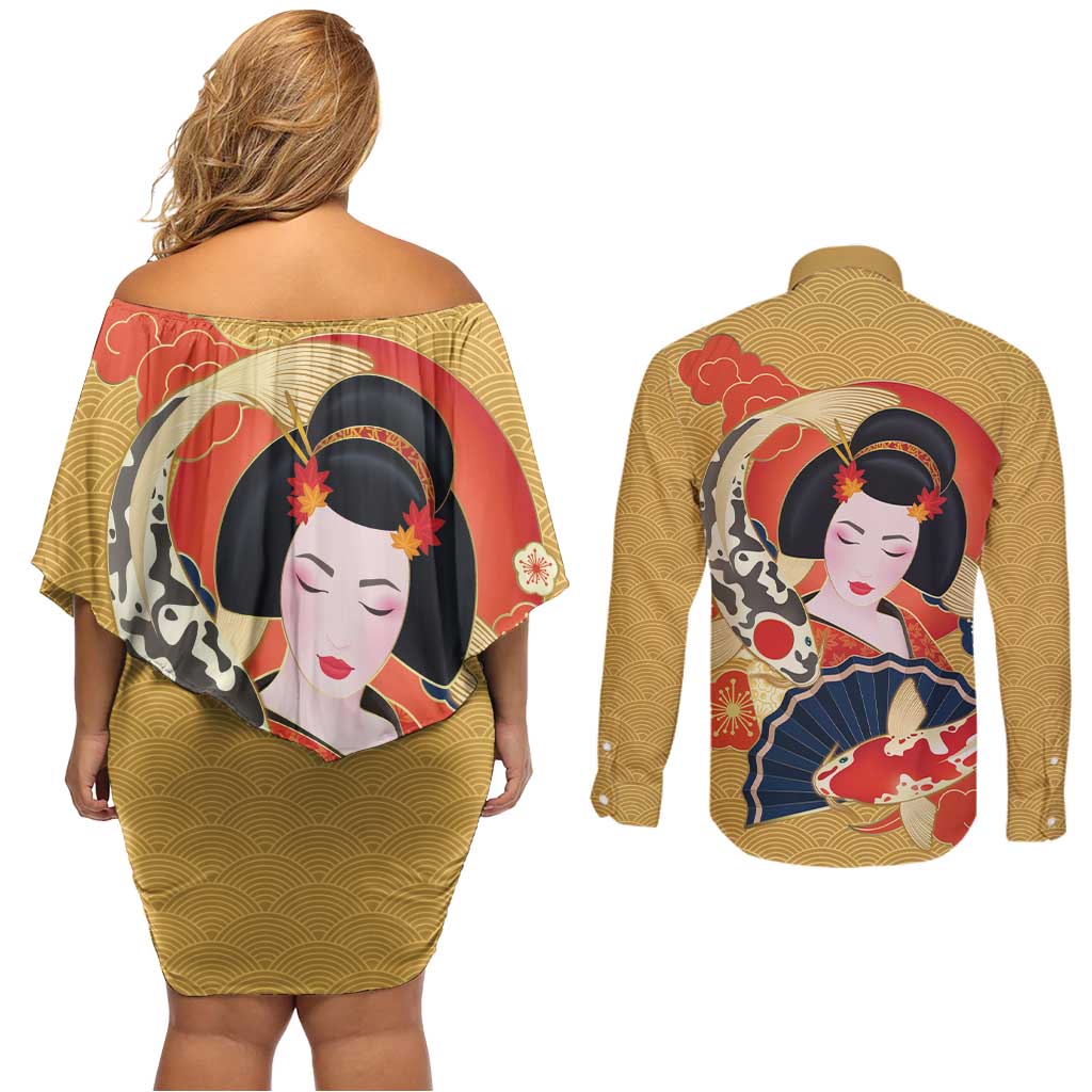 Japanese Geisha Koi Fish Couples Matching Off Shoulder Short Dress and Long Sleeve Button Shirt Cherry Blossoms Yellow Seigaiha Pattern - Wonder Print Shop