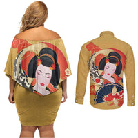 Japanese Geisha Koi Fish Couples Matching Off Shoulder Short Dress and Long Sleeve Button Shirt Cherry Blossoms Yellow Seigaiha Pattern - Wonder Print Shop
