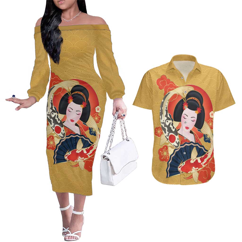 Japanese Geisha Koi Fish Couples Matching Off The Shoulder Long Sleeve Dress and Hawaiian Shirt Cherry Blossoms Yellow Seigaiha Pattern - Wonder Print Shop