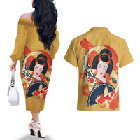 Japanese Geisha Koi Fish Couples Matching Off The Shoulder Long Sleeve Dress and Hawaiian Shirt Cherry Blossoms Yellow Seigaiha Pattern - Wonder Print Shop