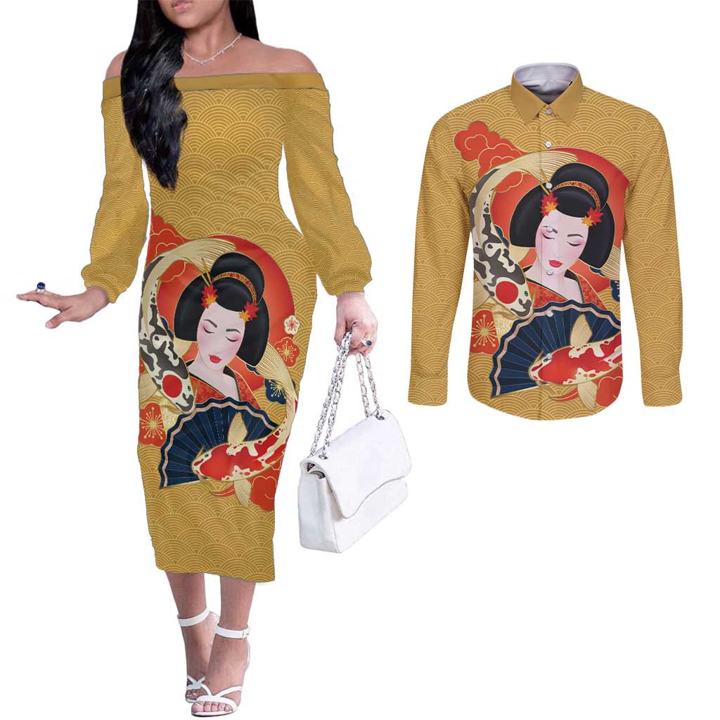 Japanese Geisha Koi Fish Couples Matching Off The Shoulder Long Sleeve Dress and Long Sleeve Button Shirt Cherry Blossoms Yellow Seigaiha Pattern - Wonder Print Shop