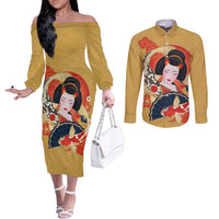 Japanese Geisha Koi Fish Couples Matching Off The Shoulder Long Sleeve Dress and Long Sleeve Button Shirt Cherry Blossoms Yellow Seigaiha Pattern - Wonder Print Shop