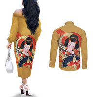 Japanese Geisha Koi Fish Couples Matching Off The Shoulder Long Sleeve Dress and Long Sleeve Button Shirt Cherry Blossoms Yellow Seigaiha Pattern - Wonder Print Shop