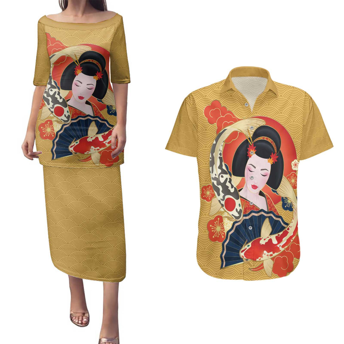Japanese Geisha Koi Fish Couples Matching Puletasi and Hawaiian Shirt Cherry Blossoms Yellow Seigaiha Pattern - Wonder Print Shop