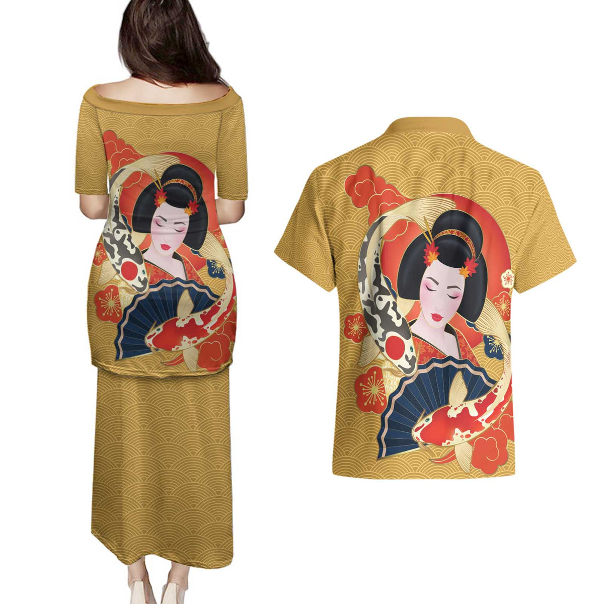 Japanese Geisha Koi Fish Couples Matching Puletasi and Hawaiian Shirt Cherry Blossoms Yellow Seigaiha Pattern - Wonder Print Shop