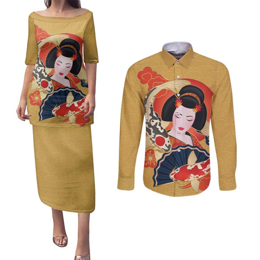 Japanese Geisha Koi Fish Couples Matching Puletasi and Long Sleeve Button Shirt Cherry Blossoms Yellow Seigaiha Pattern - Wonder Print Shop