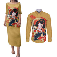 Japanese Geisha Koi Fish Couples Matching Puletasi and Long Sleeve Button Shirt Cherry Blossoms Yellow Seigaiha Pattern - Wonder Print Shop