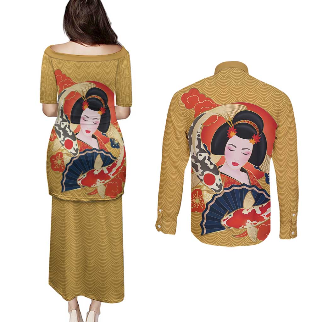Japanese Geisha Koi Fish Couples Matching Puletasi and Long Sleeve Button Shirt Cherry Blossoms Yellow Seigaiha Pattern - Wonder Print Shop