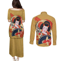 Japanese Geisha Koi Fish Couples Matching Puletasi and Long Sleeve Button Shirt Cherry Blossoms Yellow Seigaiha Pattern - Wonder Print Shop