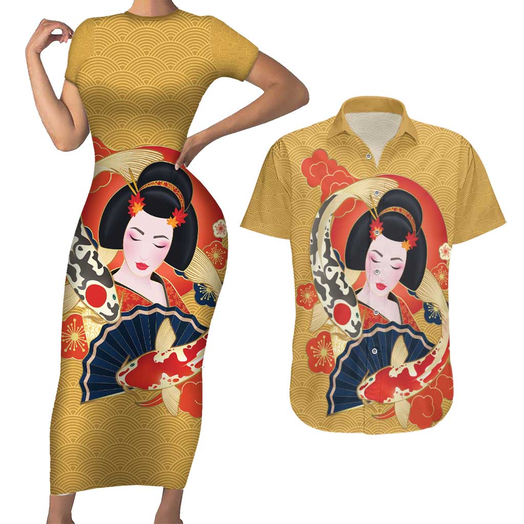 Japanese Geisha Koi Fish Couples Matching Short Sleeve Bodycon Dress and Hawaiian Shirt Cherry Blossoms Yellow Seigaiha Pattern - Wonder Print Shop